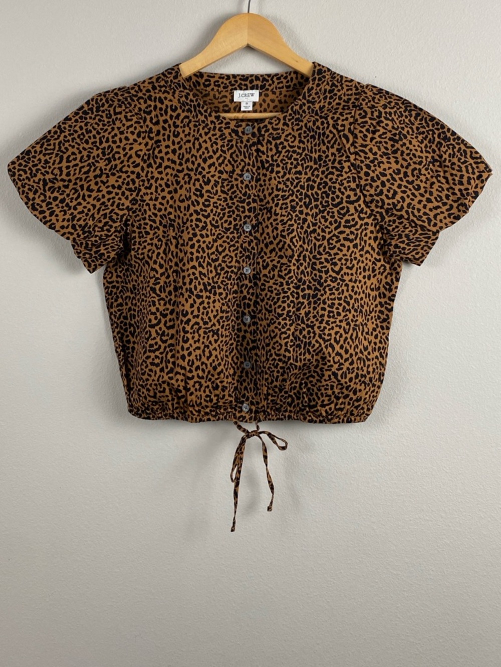 J. Crew Factory Leopard Print Puff Sleeve Tie Waist Top | Warm Brandy Black